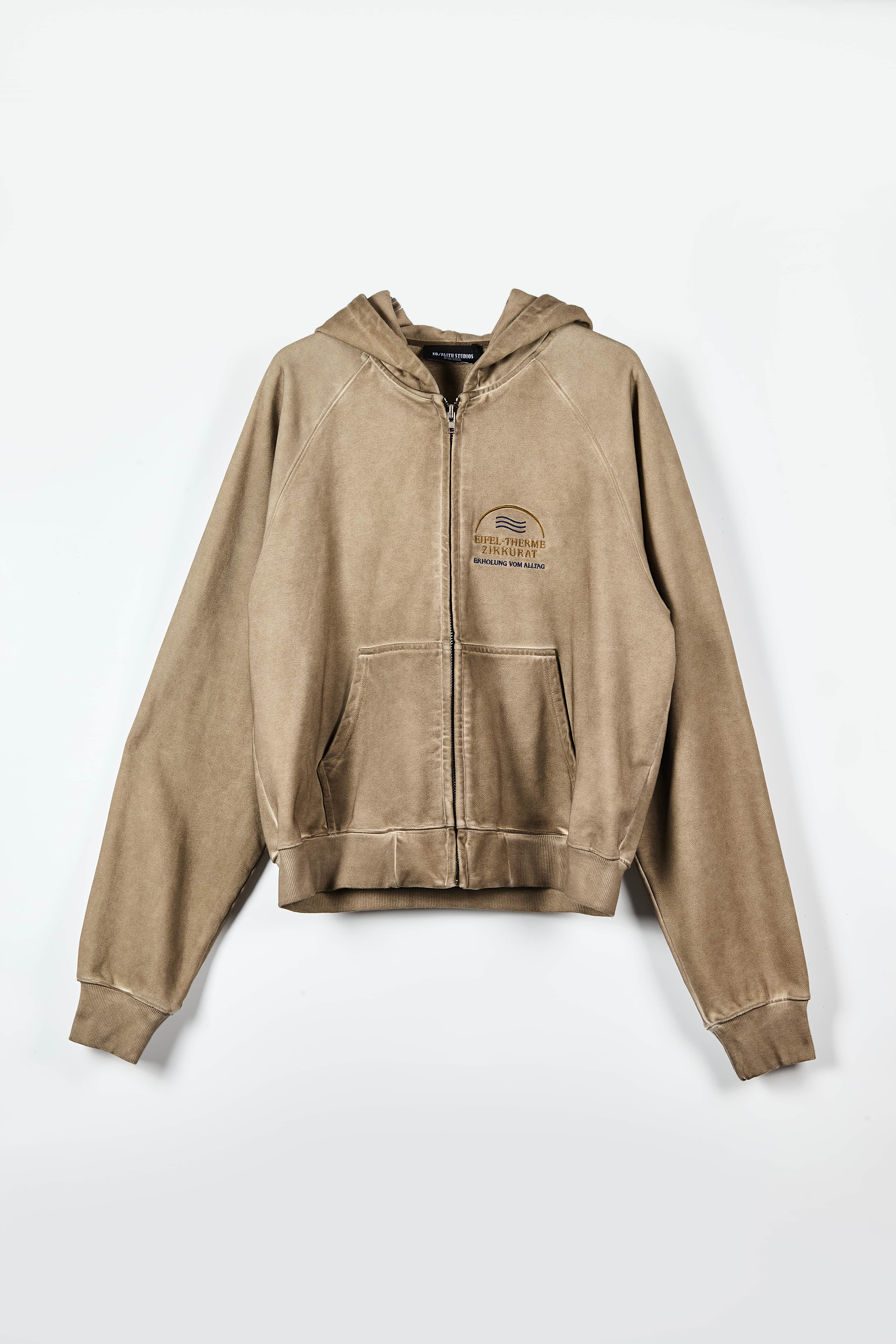 Vintage Washed Brown  Embroidered Zip-Up Hoodie